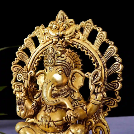 Brass Sitting Ganesha On Prabhavali Singhasan Statue (9 Inch)