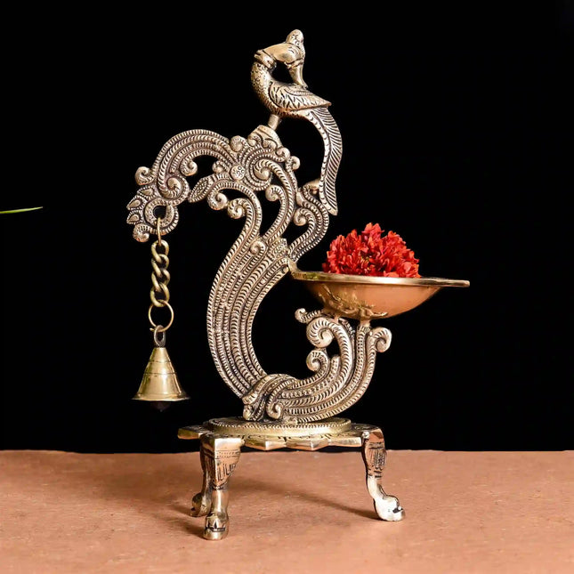 Brass Ethnic Peacock Diya Lamp With Hanging bell