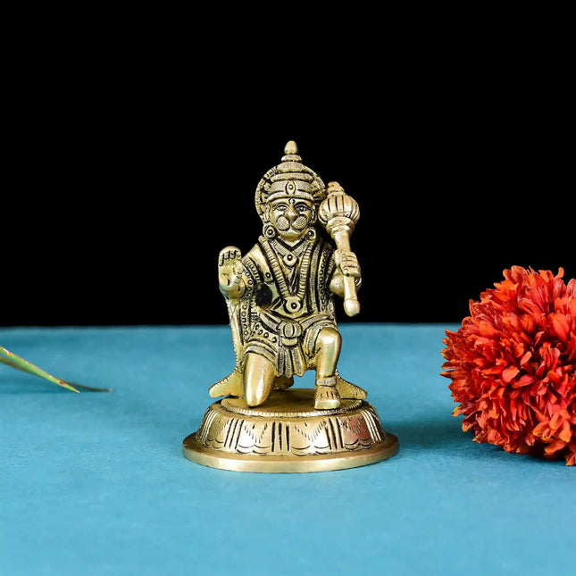 Brass Sitting Hanuman Idol With Round Base (4 Inch)
