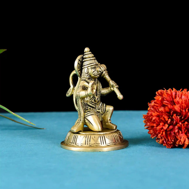 Brass Sitting Hanuman Idol With Round Base (4 Inch)