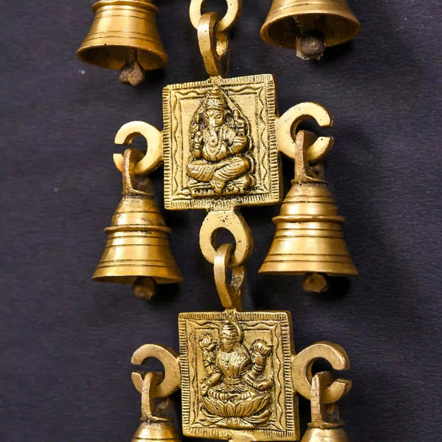 Brass Ganesha Lakshmi Saraswati Shubh And Labh Hanging Bell (19 Inch)