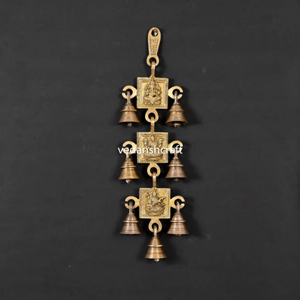 Brass Ganesha, Lakshmi And Saraswati Hanging Bell (12.5 Inch)