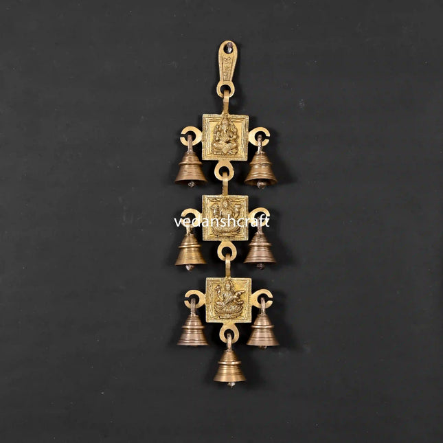 Brass Ganesha, Lakshmi And Saraswati Hanging Bell (12.5 Inch)