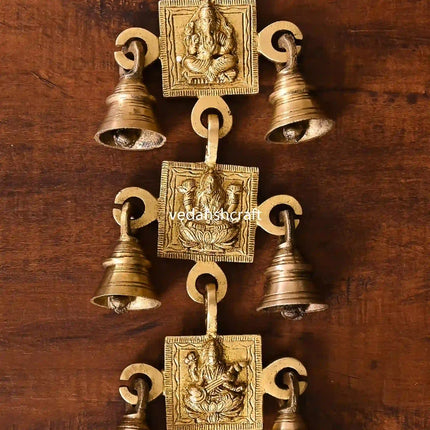 Brass Ganesha, Lakshmi And Saraswati Hanging Bell (12.5 Inch)