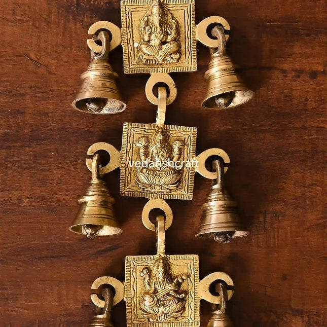 Brass Ganesha, Lakshmi And Saraswati Hanging Bell (12.5 Inch)