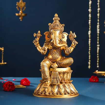 Brass Lord Sitting Ganesha Idol (14.8 Inch)