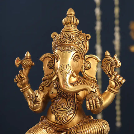 Brass Lord Sitting Ganesha Idol (14.8 Inch)