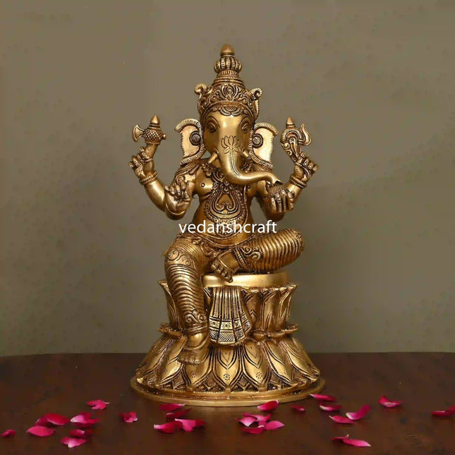 Brass Lord Sitting Ganesha Idol (14.8 Inch)