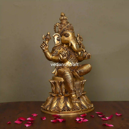 Brass Lord Sitting Ganesha Idol (14.8 Inch)