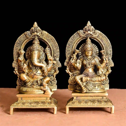 Brass Sitting Ganesh And Lakshmi On Throne Idol (7.5 Inch)