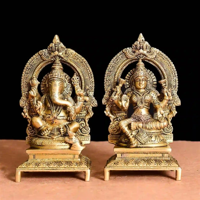 Brass Sitting Ganesh And Lakshmi On Throne Idol (7.5 Inch)