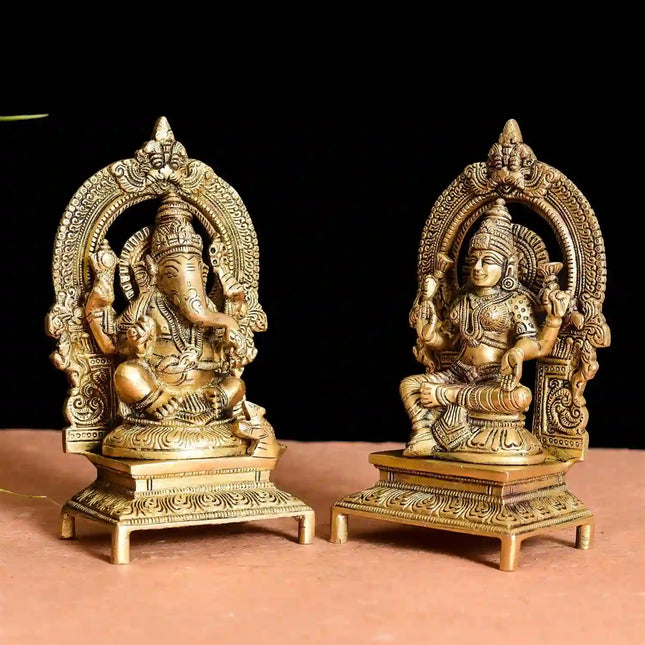 Brass Sitting Ganesh And Lakshmi On Throne Idol (7.5 Inch)