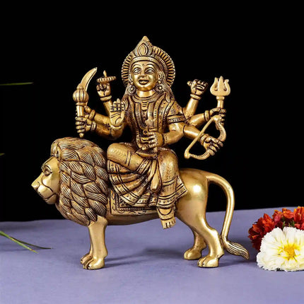 Brass Goddess Durga Sitting On Lion Superfine Idol (8.5 Inch)