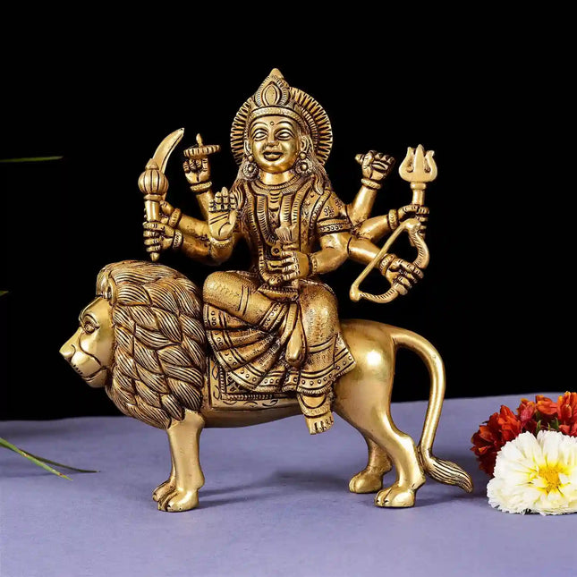 Brass Goddess Durga Sitting On Lion Superfine Idol (8.5 Inch)