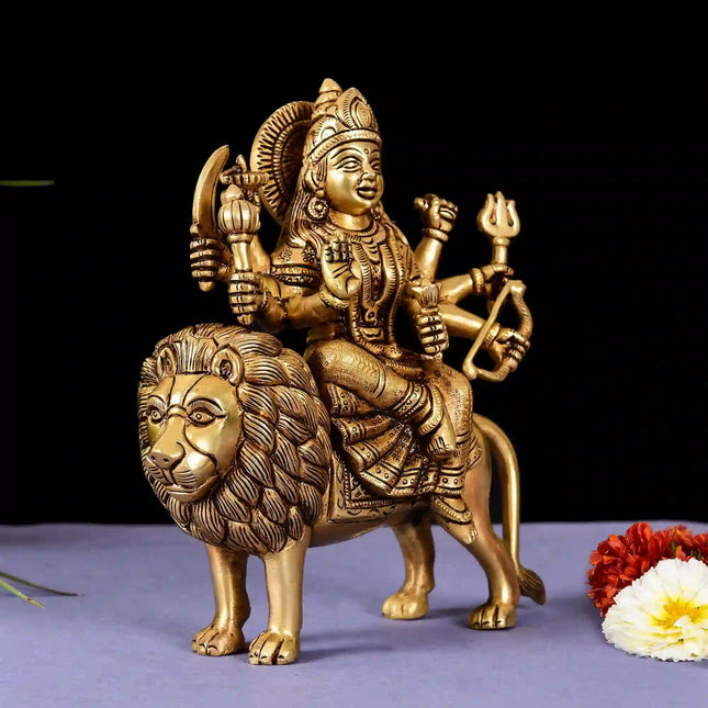 Brass Goddess Durga Sitting On Lion Superfine Idol (8.5 Inch)