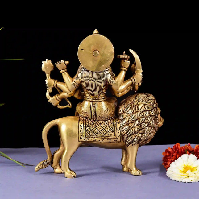 Brass Goddess Durga Sitting On Lion Superfine Idol (8.5 Inch)