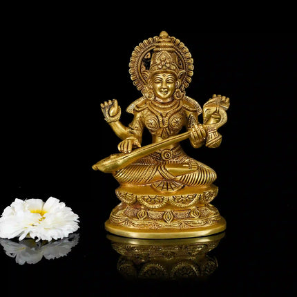 Brass Goddess Sitting Saraswati Idol (7 Inch)