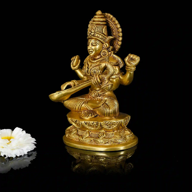 Brass Goddess Sitting Saraswati Idol (7 Inch)