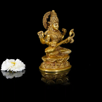 Brass Goddess Sitting Saraswati Idol (7 Inch)