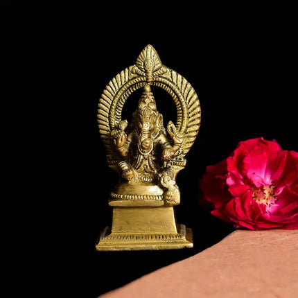 Brass Sitting Ganesha On Throne (Singhasan) Idol (4 Inch)