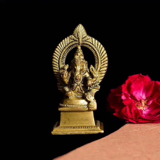 Brass Sitting Ganesha On Throne (Singhasan) Idol (4 Inch)