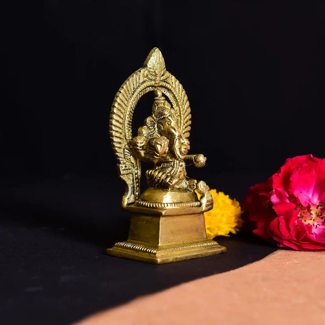 Brass Sitting Ganesha On Throne (Singhasan) Idol (4 Inch)