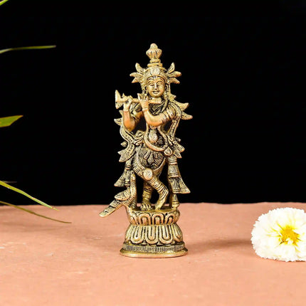 Brass Standing Lord Krishna With Base Idol (6.7 Inch)