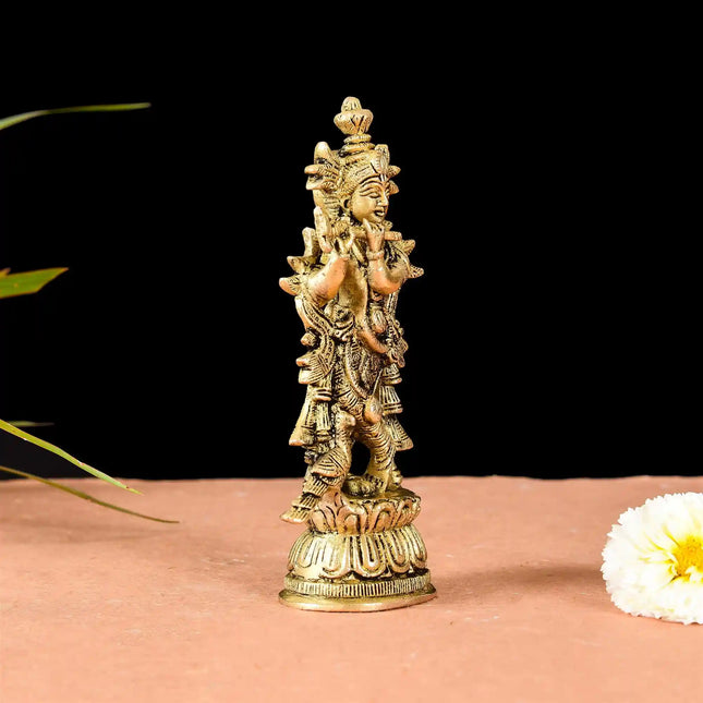 Brass Standing Lord Krishna With Base Idol (6.7 Inch)