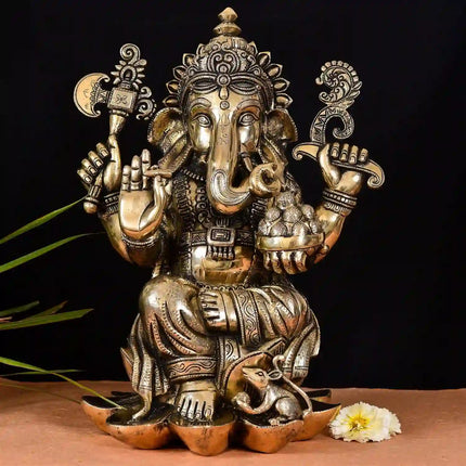 Brass Lotus Sitting Ganesha Idol (17 Inch)
