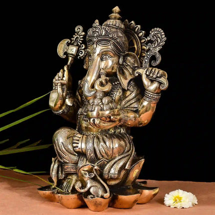 Brass Lotus Sitting Ganesha Idol (17 Inch)
