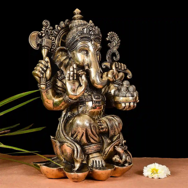Brass Lotus Sitting Ganesha Idol (17 Inch)