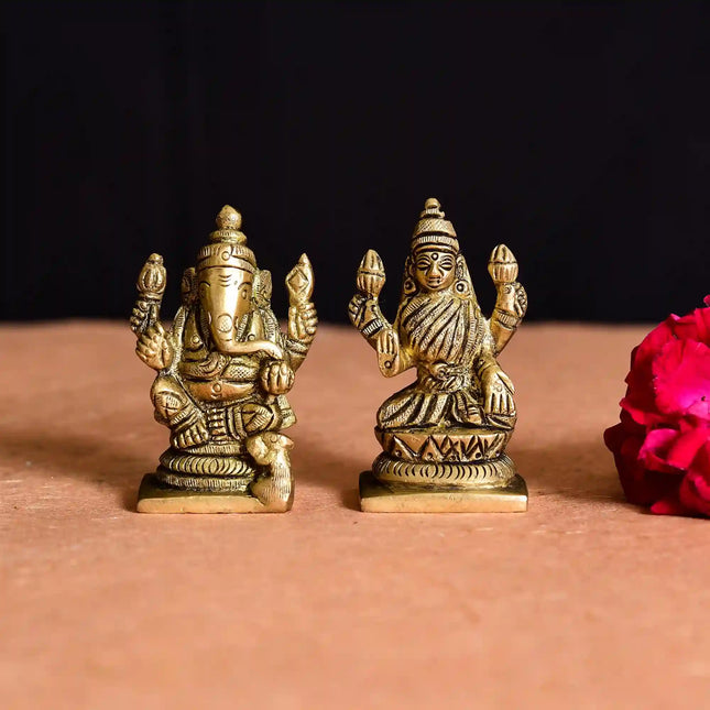 Brass Sitting Ganesha And Lakshmi Set Idol