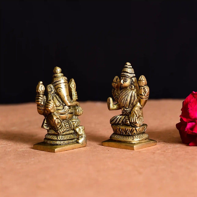 Brass Sitting Ganesha And Lakshmi Set Idol