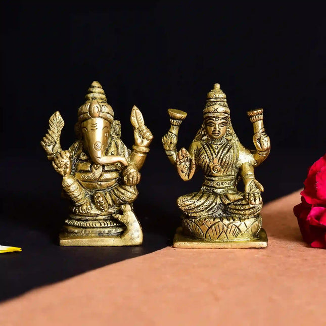 Brass Sitting Ganesha And Lakshmi Set Idol