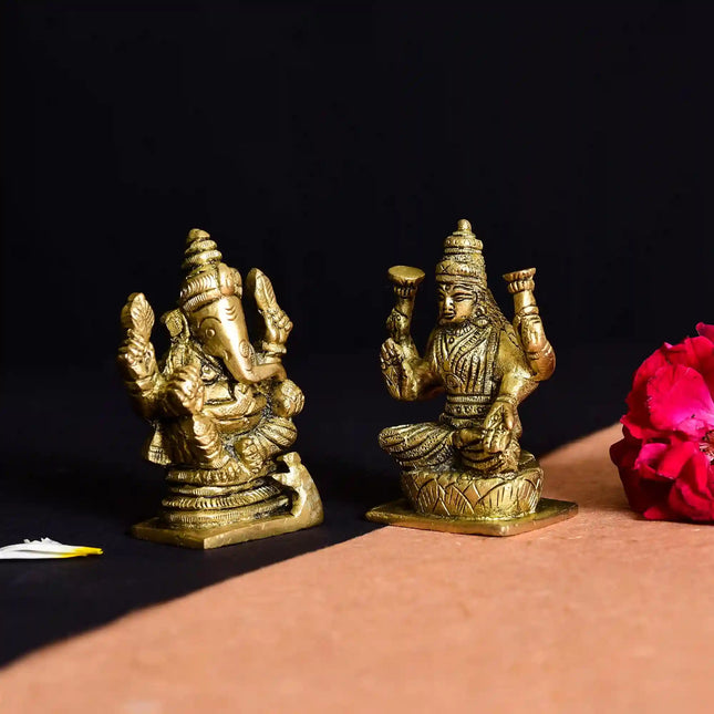 Brass Sitting Ganesha And Lakshmi Set Idol