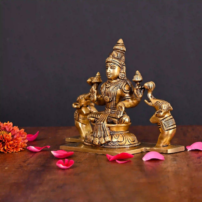 Brass Superfine Goddess Sitting Gaja Lakshmi Idol (5.5 Inch)