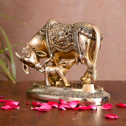 Brass Kamdhenu Cow With Calf Idol (5 Inch)
