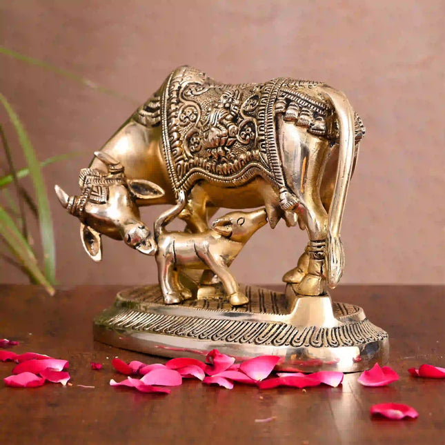 Brass Kamdhenu Cow With Calf Idol (5 Inch)