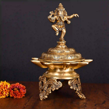 Brass Superfine Dancing Ganesha 9 Petal Lamp (12 Inch)