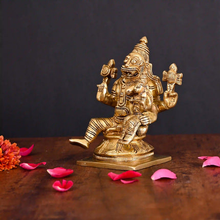 Brass Sitting Lakshmi Narasimha Superfine Idol (5.2 Inch)