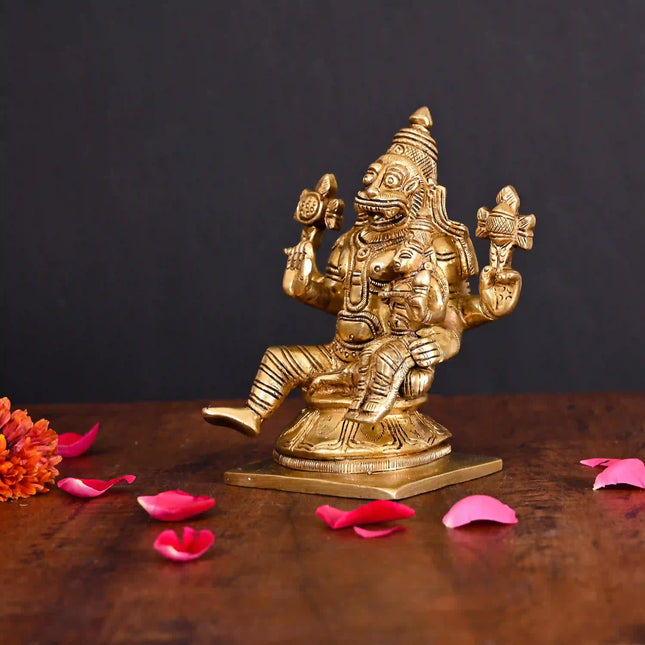 Brass Sitting Lakshmi Narasimha Superfine Idol (5.2 Inch)