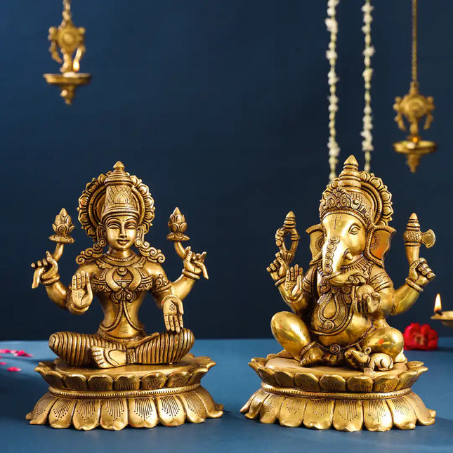 Brass Superfine Sitting Ganesha And Lakshmi Idols Set (11 Inch)