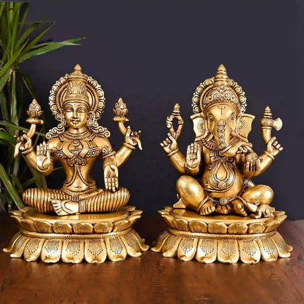 Brass Superfine Sitting Ganesha And Lakshmi Idols Set (11 Inch)