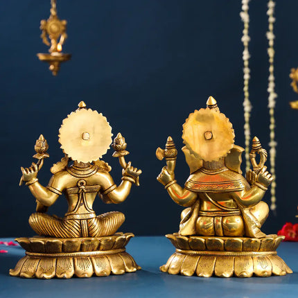 Brass Superfine Sitting Ganesha And Lakshmi Idols Set (11 Inch)