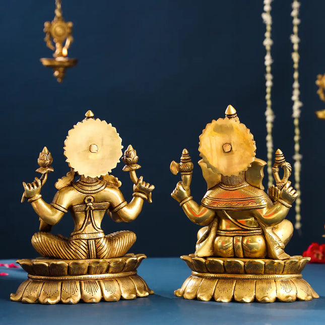 Brass Superfine Sitting Ganesha And Lakshmi Idols Set (11 Inch)