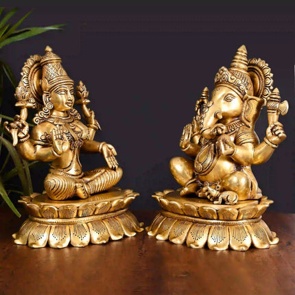Brass Superfine Sitting Ganesha And Lakshmi Idols Set (11 Inch)