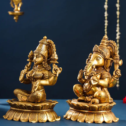 Brass Superfine Sitting Ganesha And Lakshmi Idols Set (11 Inch)