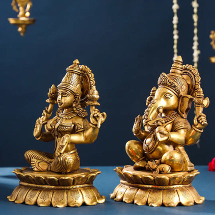 Brass Superfine Sitting Ganesha And Lakshmi Idols Set (11 Inch)