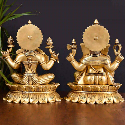 Brass Superfine Sitting Ganesha And Lakshmi Idols Set (11 Inch)