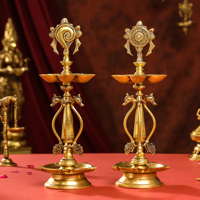 Brass Shankh Chakra Diya/Lamp Set (15.5 Inch)